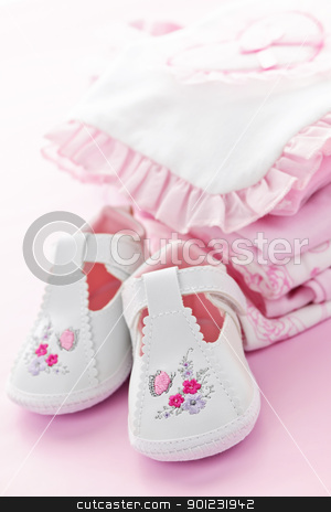 To use this stock image in your creative project, please select the size you need over to the right and click the "Add to Cart" button.
Your downloaded image will come with the Cutcaster watermark removed so don’t worry about the watermark you see on this page. Pink baby clothes for infant girl stock photo, Pink infant girl clothing and shoes for baby shower by Elena Elisseeva
