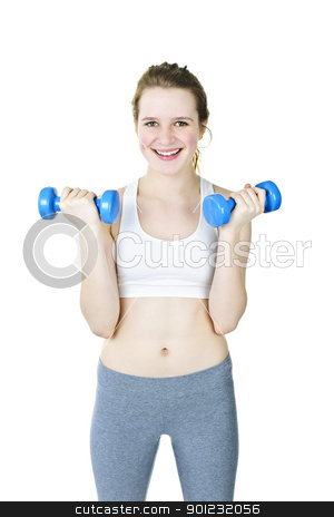 To use this stock image in your creative project, please select the size you need over to the right and click the "Add to Cart" button.
Your downloaded image will come with the Cutcaster watermark removed so don’t worry about the watermark you see on this page. Happy active girl holding weights stock photo, Happy fit young woman working out with weights on white background by Elena Elisseeva