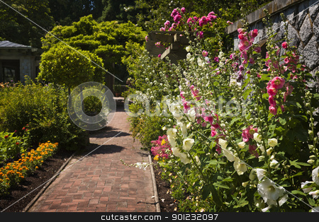 To use this stock image in your creative project, please select the size you need over to the right and click the "Add to Cart" button.
Your downloaded image will come with the Cutcaster watermark removed so don’t worry about the watermark you see on this page. Colorful flower garden stock photo, Lush summer garden with paved path and blooming flowers by Elena Elisseeva