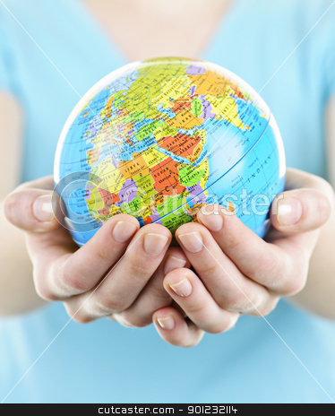 To use this stock image in your creative project, please select the size you need over to the right and click the "Add to Cart" button.
Your downloaded image will come with the Cutcaster watermark removed so don’t worry about the watermark you see on this page. Hands holding globe stock photo, Globe of the planet Earth held in young female hands by Elena Elisseeva