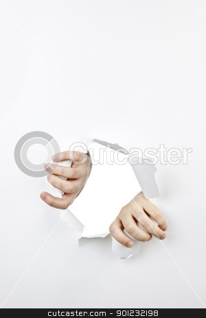 To use this stock image in your creative project, please select the size you need over to the right and click the "Add to Cart" button.
Your downloaded image will come with the Cutcaster watermark removed so don’t worry about the watermark you see on this page. Hands ripping through hole in paper stock photo, Hands ripping a hole in white paper with torn edges by Elena Elisseeva