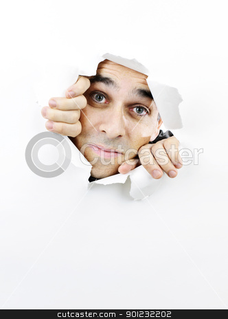 To use this stock image in your creative project, please select the size you need over to the right and click the "Add to Cart" button.
Your downloaded image will come with the Cutcaster watermark removed so don’t worry about the watermark you see on this page. Face looking through hole in paper stock photo, Curious man looking through hole torn in white paper by Elena Elisseeva