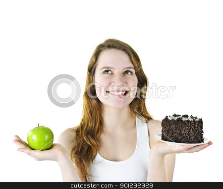 To use this stock image in your creative project, please select the size you need over to the right and click the "Add to Cart" button.
Your downloaded image will come with the Cutcaster watermark removed so don’t worry about the watermark you see on this page. Young girl holding apple and cake stock photo, Tempted young woman holding apple and chocolate cake making a choice by Elena Elisseeva