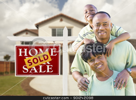 To use this stock image in your creative project, please select the size you need over to the right and click the "Add to Cart" button.
Your downloaded image will come with the Cutcaster watermark removed so don’t worry about the watermark you see on this page. African American Family, House and Sold Sign stock photo, Happy African American Family in Front of New House and Sold Real Estate Sign. by Andy Dean