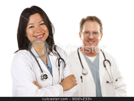To use this stock image in your creative project, please select the size you need over to the right and click the "Add to Cart" button.
Your downloaded image will come with the Cutcaster watermark removed so don’t worry about the watermark you see on this page. Hispanic Female Doctor and Male Colleague Behind stock photo, Friendly Hispanic Female Doctor and Male Colleague Behind Isolated on a White Background. by Andy Dean
