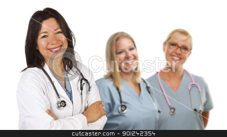 To use this stock image in your creative project, please select the size you need over to the right and click the "Add to Cart" button.
Your downloaded image will come with the Cutcaster watermark removed so don’t worry about the watermark you see on this page. Hispanic Female Doctor and Colleagues Behind stock photo, Friendly Hispanic Female Doctor and Colleagues Behind Isolated on a White Background. by Andy Dean