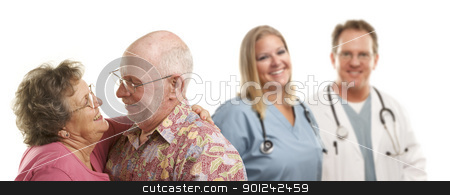 To use this stock image in your creative project, please select the size you need over to the right and click the "Add to Cart" button.
Your downloaded image will come with the Cutcaster watermark removed so don’t worry about the watermark you see on this page. Senior Couple with Medical Doctors or Nurses Behind stock photo, Happy Loving Senior Couple with Smiling Medical Doctors or Nurses Behind Isolated on a White Background. by Andy Dean