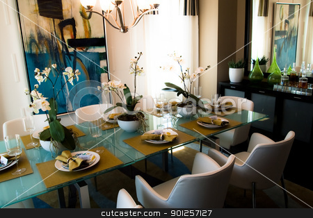 To use this stock image in your creative project, please select the size you need over to the right and click the "Add to Cart" button.
Your downloaded image will come with the Cutcaster watermark removed so don’t worry about the watermark you see on this page. dining room stock photo, Modern flashy dining room with place settings on table by Cora Reed