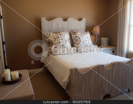 To use this stock image in your creative project, please select the size you need over to the right and click the "Add to Cart" button.
Your downloaded image will come with the Cutcaster watermark removed so don’t worry about the watermark you see on this page. bed room stock photo, Rustic bedroom with brown walls and wooden bed frame by Cora Reed