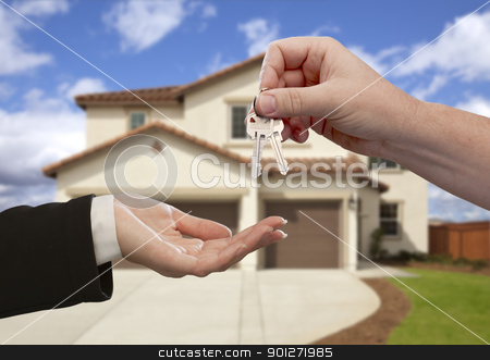 To use this stock image in your creative project, please select the size you need over to the right and click the "Add to Cart" button.
Your downloaded image will come with the Cutcaster watermark removed so don’t worry about the watermark you see on this page. Handing Over the House Keys in Front of New Home stock photo, Handing Over the House Keys in Front of a Beautiful New Home. by Andy Dean