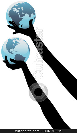 To use this stock image in your creative project, please select the size you need over to the right and click the "Add to Cart" button.
Your downloaded image will come with the Cutcaster watermark removed so don’t worry about the watermark you see on this page. Earth person hands hold up global world stock vector clipart, Earth people hands holding up planet Eastern and Western Hemispheres by Michael Brown