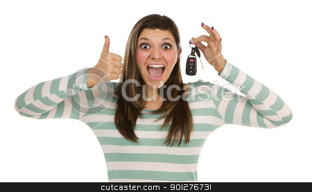 To use this stock image in your creative project, please select the size you need over to the right and click the "Add to Cart" button.
Your downloaded image will come with the Cutcaster watermark removed so don’t worry about the watermark you see on this page. Ethnic Female with Car Keys and Thumbs Up on White stock photo, Pretty Ethnic Female with New Car Keys and Thumbs Up Isolated on a White Background. by Andy Dean