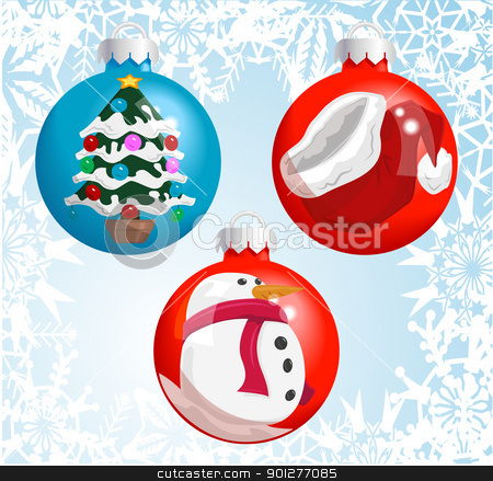 To use this stock image in your creative project, please select the size you need over to the right and click the "Add to Cart" button.
Your downloaded image will come with the Cutcaster watermark removed so don’t worry about the watermark you see on this page. Christmas baubles stock vector clipart, Christmas baubles with pictures of a Santa hat, snowman, and Christmas tree reflected or painted on them! by Christos Georghiou