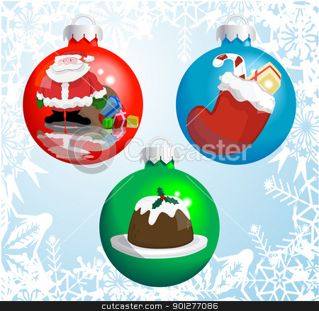 To use this stock image in your creative project, please select the size you need over to the right and click the "Add to Cart" button.
Your downloaded image will come with the Cutcaster watermark removed so don’t worry about the watermark you see on this page. Christmas baubles stock vector clipart, Christmas baubles with pictures of Santa Claus, Christmas stocking, and Christmas pudding reflected or painted on them! by Christos Georghiou
