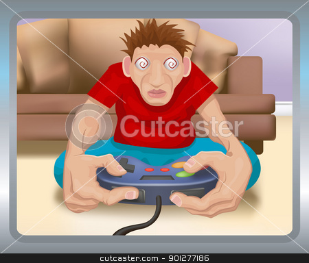 To use this stock image in your creative project, please select the size you need over to the right and click the "Add to Cart" button.
Your downloaded image will come with the Cutcaster watermark removed so don’t worry about the watermark you see on this page. gamer illustration stock vector clipart, A TV eye view of someone who has played too much on his games console. by Christos Georghiou