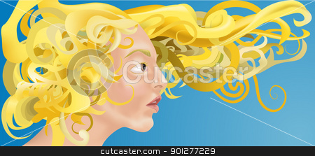 To use this stock image in your creative project, please select the size you need over to the right and click the "Add to Cart" button.
Your downloaded image will come with the Cutcaster watermark removed so don’t worry about the watermark you see on this page. woman with beautiful hair stock vector clipart, a beautiful woman with curly blonde hair blowing in the wind. by Christos Georghiou