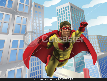 To use this stock image in your creative project, please select the size you need over to the right and click the "Add to Cart" button.
Your downloaded image will come with the Cutcaster watermark removed so don’t worry about the watermark you see on this page. Superhero flying through city stock vector clipart, Caped super hero flying through the air in a city scene by Christos Georghiou