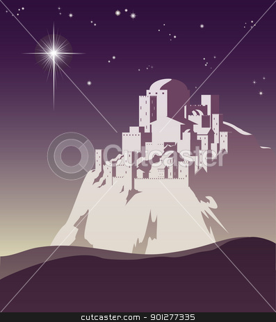 To use this stock image in your creative project, please select the size you need over to the right and click the "Add to Cart" button.
Your downloaded image will come with the Cutcaster watermark removed so don’t worry about the watermark you see on this page. Star over Bethlehem stock vector clipart, Illustration of Christmas star over Bethlehem announcing the birth of Jesus by Christos Georghiou