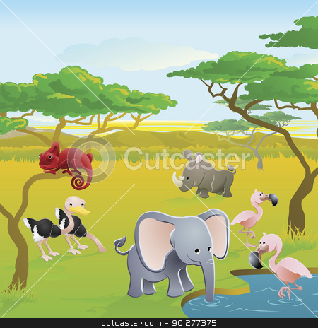 To use this stock image in your creative project, please select the size you need over to the right and click the "Add to Cart" button.
Your downloaded image will come with the Cutcaster watermark removed so don’t worry about the watermark you see on this page. Cute African safari animal cartoon scene stock vector clipart, Cute African safari animal cartoon characters scene. Series of three illustrations that can be used separately or side by side to form panoramic landscape. by Christos Georghiou