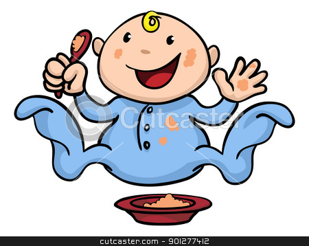 To use this stock image in your creative project, please select the size you need over to the right and click the "Add to Cart" button.
Your downloaded image will come with the Cutcaster watermark removed so don’t worry about the watermark you see on this page. Happy cute weaning baby playing with food stock vector clipart, Clipart illustration of a happy cute baby weaning playing and eating his or her food by Christos Georghiou
