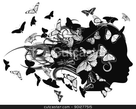 To use this stock image in your creative project, please select the size you need over to the right and click the "Add to Cart" button.
Your downloaded image will come with the Cutcaster watermark removed so don’t worry about the watermark you see on this page. Beautiful woman with butterfly hair stock vector clipart, A beautiful woman with hair made up of or covered with butterflies. by Christos Georghiou
