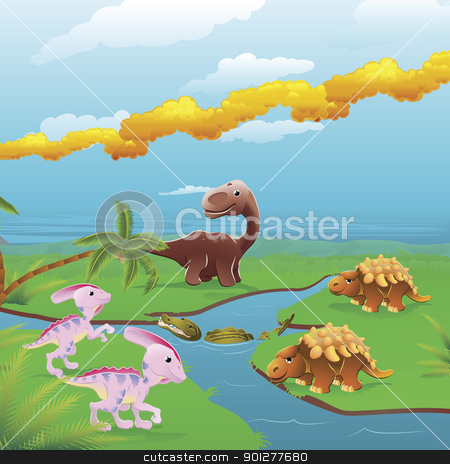To use this stock image in your creative project, please select the size you need over to the right and click the "Add to Cart" button.
Your downloaded image will come with the Cutcaster watermark removed so don’t worry about the watermark you see on this page. Cartoon dinosaurs scene. stock vector clipart, Cute dinosaurs in prehistoric scene. Series of three illustrations that can be used separately or side by side to form panoramic landscape. by Christos Georghiou