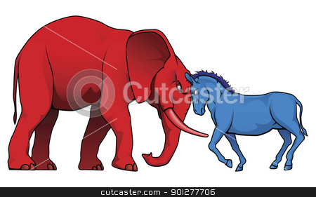 To use this stock image in your creative project, please select the size you need over to the right and click the "Add to Cart" button.
Your downloaded image will come with the Cutcaster watermark removed so don’t worry about the watermark you see on this page. American political parties stand-off stock vector clipart, The democrat and republican symbols of a donkey and elephant facing off. by Christos Georghiou