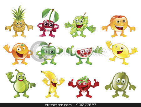 To use this stock image in your creative project, please select the size you need over to the right and click the "Add to Cart" button.
Your downloaded image will come with the Cutcaster watermark removed so don’t worry about the watermark you see on this page. Set of colourful fruit character mascots stock vector clipart, A set of happy cute colourful fruit character mascots by Christos Georghiou
