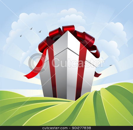 To use this stock image in your creative project, please select the size you need over to the right and click the "Add to Cart" button.
Your downloaded image will come with the Cutcaster watermark removed so don’t worry about the watermark you see on this page. Giant gift in fields stock vector clipart, A huge gift. Conceptual illustration of a huge present with bow towering over fields. Could represent a massive sale or bargain. by Christos Georghiou