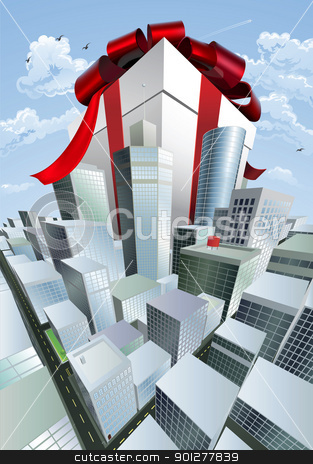To use this stock image in your creative project, please select the size you need over to the right and click the "Add to Cart" button.
Your downloaded image will come with the Cutcaster watermark removed so don’t worry about the watermark you see on this page. Giant gift in city stock vector clipart, A huge gift. Conceptual illustration of a huge present with bow towering over a city. Could represent a massive sale or bargain. by Christos Georghiou
