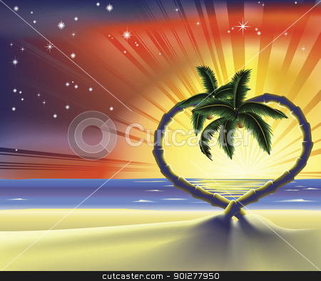 To use this stock image in your creative project, please select the size you need over to the right and click the "Add to Cart" button.
Your downloaded image will come with the Cutcaster watermark removed so don’t worry about the watermark you see on this page. Romantic beach heart palm trees illustration stock vector clipart, Illustration of a romantic beach scene with heart shaped palm trees at sunset by Christos Georghiou