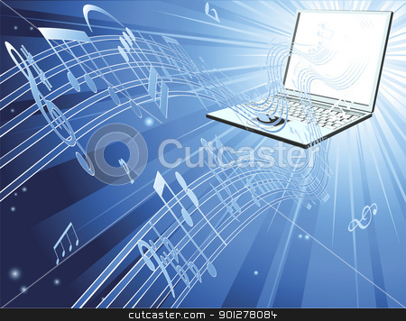To use this stock image in your creative project, please select the size you need over to the right and click the "Add to Cart" button.
Your downloaded image will come with the Cutcaster watermark removed so don’t worry about the watermark you see on this page. Laptop computer music background stock vector clipart, Blue laptop computer music background with musical notes streaming out of laptop by Christos Georghiou