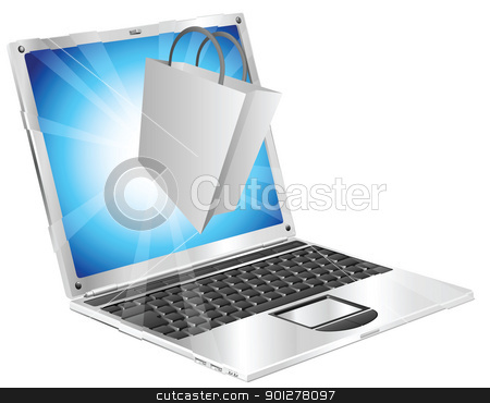 To use this stock image in your creative project, please select the size you need over to the right and click the "Add to Cart" button.
Your downloaded image will come with the Cutcaster watermark removed so don’t worry about the watermark you see on this page. Online shopping concept stock vector clipart, Shopping bag icon coming out of laptop screen online shopping concept by Christos Georghiou