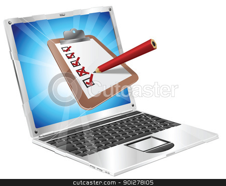 To use this stock image in your creative project, please select the size you need over to the right and click the "Add to Cart" button.
Your downloaded image will come with the Cutcaster watermark removed so don’t worry about the watermark you see on this page. Online survey laptop clipboard concept stock vector clipart, An illustration of a clipboard with pencil marking on it coming out of laptop screen. Perhaps an online survey, opinion poll, or inspection document by Christos Georghiou