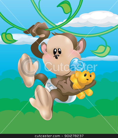 To use this stock image in your creative project, please select the size you need over to the right and click the "Add to Cart" button.
Your downloaded image will come with the Cutcaster watermark removed so don’t worry about the watermark you see on this page. cute monkey illustration stock vector clipart, A cute baby monkey swinging through the trees by Christos Georghiou