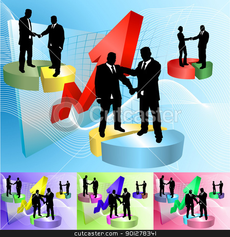 To use this stock image in your creative project, please select the size you need over to the right and click the "Add to Cart" button.
Your downloaded image will come with the Cutcaster watermark removed so don’t worry about the watermark you see on this page. piechart people business concept illustration stock vector clipart, Conceptual business background, people shaking hands on pie charts in front of soaring profits, main image on separate layers for easy editing. Also includes several different color versions by Christos Georghiou
