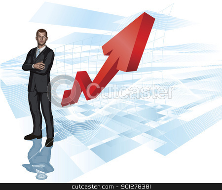 To use this stock image in your creative project, please select the size you need over to the right and click the "Add to Cart" button.
Your downloaded image will come with the Cutcaster watermark removed so don’t worry about the watermark you see on this page. Businessman abstract arrow graph background stock vector clipart, Confident young businessman in front of abstract arrow graph background concept by Christos Georghiou