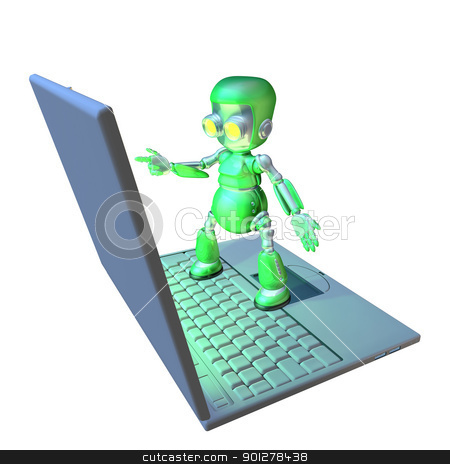 To use this stock image in your creative project, please select the size you need over to the right and click the "Add to Cart" button.
Your downloaded image will come with the Cutcaster watermark removed so don’t worry about the watermark you see on this page. Cute 3d robot character standing on a laptop stock photo, Cute shiny 3d robot character using a giant laptop pointing at the screen. by Christos Georghiou