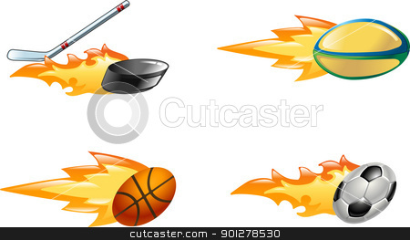 To use this stock image in your creative project, please select the size you need over to the right and click the "Add to Cart" button.
Your downloaded image will come with the Cutcaster watermark removed so don’t worry about the watermark you see on this page. Shiny flaming sport icons stock vector clipart, A glossy shiny flaming sport icon set. Rugby ball, ice hockey stick striking puck, basketball ball and soccer or football ball zooming through the air with flames and fire zooming out the back
by Christos Georghiou
