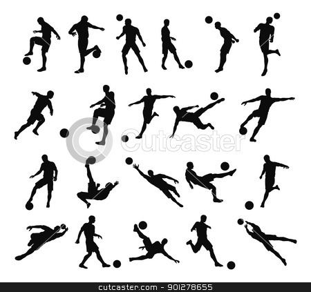 To use this stock image in your creative project, please select the size you need over to the right and click the "Add to Cart" button.
Your downloaded image will come with the Cutcaster watermark removed so don’t worry about the watermark you see on this page. Soccer football player silhouettes stock vector clipart, Very high quality detailed soccer football player silhouette outlines. by Christos Georghiou