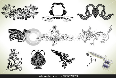 To use this stock image in your creative project, please select the size you need over to the right and click the "Add to Cart" button.
Your downloaded image will come with the Cutcaster watermark removed so don’t worry about the watermark you see on this page. Tattoo flash design elements stock vector clipart, Series set of tattoo flash design elements with tattooists gun or machine by Christos Georghiou