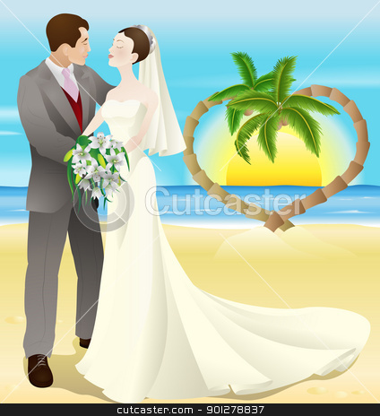 To use this stock image in your creative project, please select the size you need over to the right and click the "Add to Cart" button.
Your downloaded image will come with the Cutcaster watermark removed so don’t worry about the watermark you see on this page. tropical destination beach wedding stock vector clipart, A tropical destination beach wedding illustration. A bride and groom newly wed on a tropical beach. Palm trees form a heart shape in the background with a sunset. by Christos Georghiou