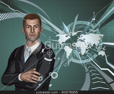 To use this stock image in your creative project, please select the size you need over to the right and click the "Add to Cart" button.
Your downloaded image will come with the Cutcaster watermark removed so don’t worry about the watermark you see on this page. Businessman abstract world map background stock vector clipart, Confident young businessman in front of abstract world map background concept by Christos Georghiou