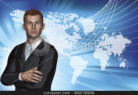 To use this stock image in your creative project, please select the size you need over to the right and click the "Add to Cart" button.
Your downloaded image will come with the Cutcaster watermark removed so don’t worry about the watermark you see on this page. Businessman abstract world map background stock vector clipart, Confident young businessman in front of abstract world map background concept by Christos Georghiou