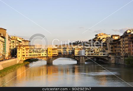 To use this stock image in your creative project, please select the size you need over to the right and click the "Add to Cart" button.
Your downloaded image will come with the Cutcaster watermark removed so don’t worry about the watermark you see on this page. The Ponte Vecchio in Florence stock photo, The Ponte Vecchio and the Arno river at sunset by Dutourdumonde