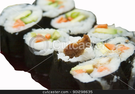 To use this stock image in your creative project, please select the size you need over to the right and click the "Add to Cart" button.
Your downloaded image will come with the Cutcaster watermark removed so don’t worry about the watermark you see on this page. Sushi stock photo, Sushi isolated on white with clipping path by Tyler Olson