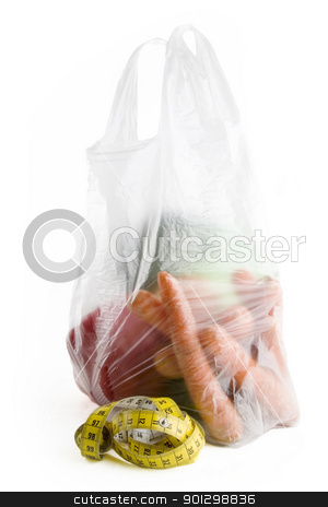 To use this stock image in your creative project, please select the size you need over to the right and click the "Add to Cart" button.
Your downloaded image will come with the Cutcaster watermark removed so don’t worry about the watermark you see on this page. Healthy Choice stock photo, Healthy vegetables in a clear plastic grocery bag on a white background with a tape measure in the foreground by Tyler Olson