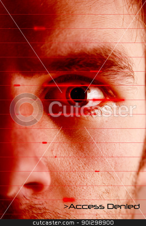 To use this stock image in your creative project, please select the size you need over to the right and click the "Add to Cart" button.
Your downloaded image will come with the Cutcaster watermark removed so don’t worry about the watermark you see on this page. Access Denied stock photo, An iris scan concept image of a male with a few days beard growth (in techno red color) with the words 'Access Denied' by Tyler Olson
