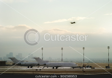 To use this stock image in your creative project, please select the size you need over to the right and click the "Add to Cart" button.
Your downloaded image will come with the Cutcaster watermark removed so don’t worry about the watermark you see on this page. Takeoff stock photo, Airplane taking on from the airport. by Tyler Olson