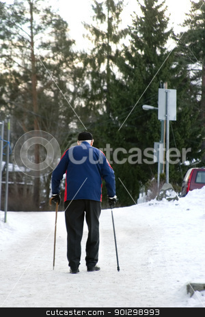 To use this stock image in your creative project, please select the size you need over to the right and click the "Add to Cart" button.
Your downloaded image will come with the Cutcaster watermark removed so don’t worry about the watermark you see on this page. Winter Stroll stock photo, An old man walking on a snowy road with two canes by Tyler Olson